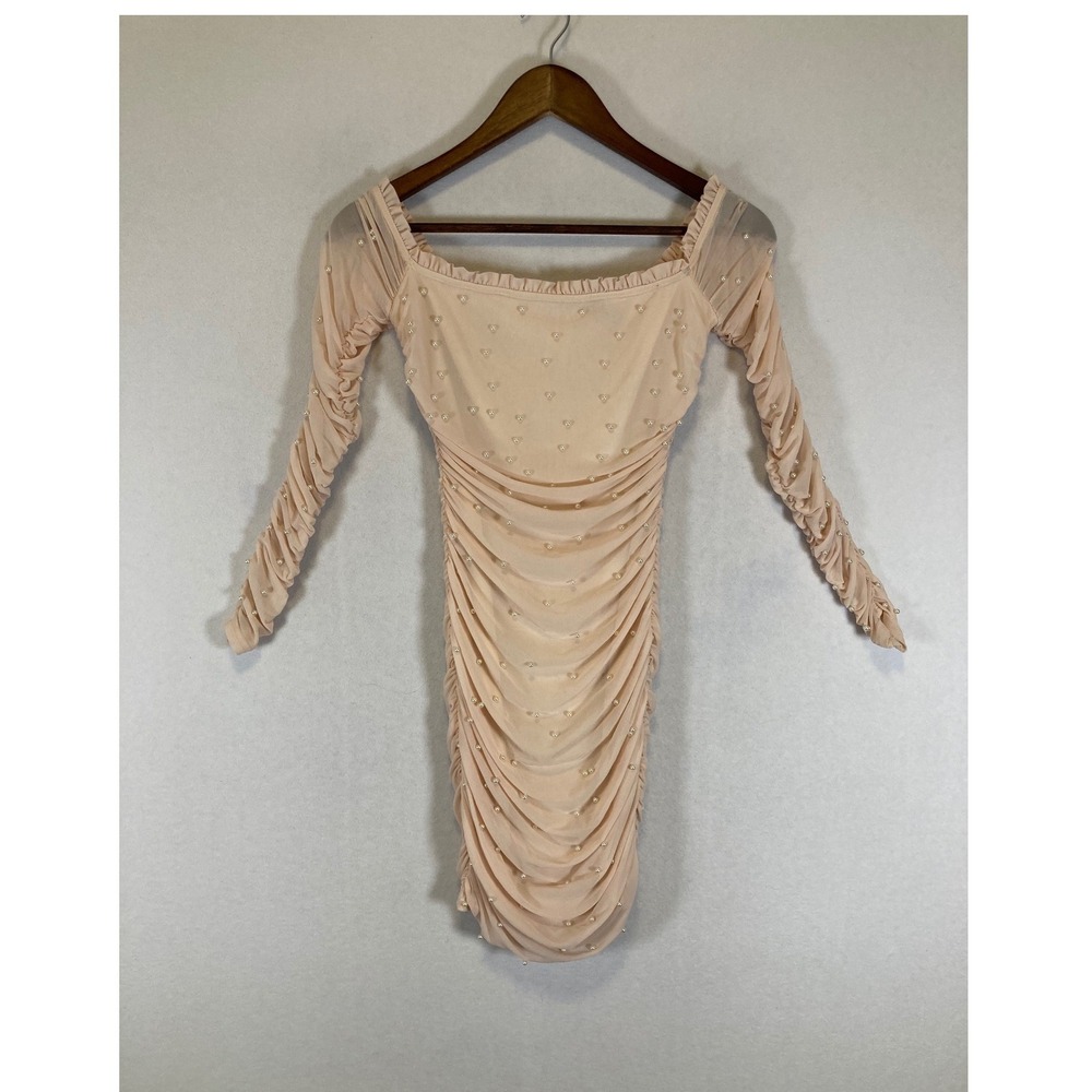 Pearlcore Windsor Womens Medium Peach Ruched Mesh Pearl Mini Dress PD73903N